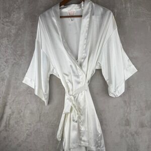 Bridal honeymoon Victorias Secret White Satin Kimono Robe Short Belted lingere